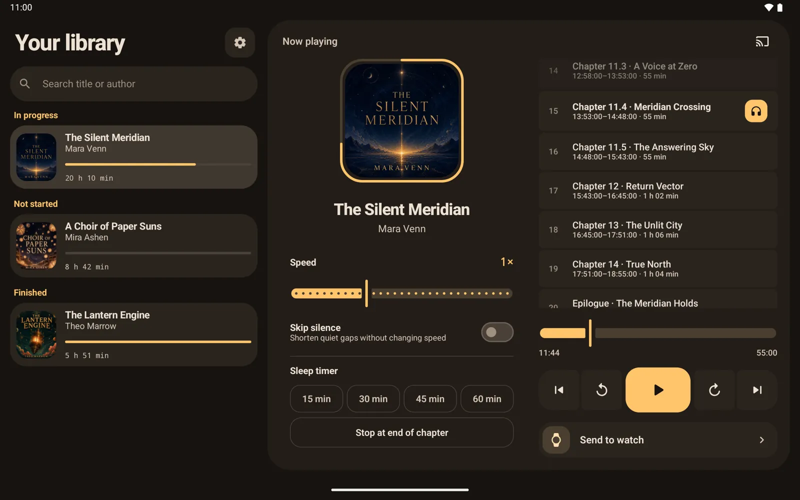 Sliver on a landscape tablet, with the library on the left and Now Playing on the right, showing playback settings beside the chapter list and controls