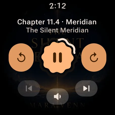 Sliver playing a chapter on Wear OS, with the book cover behind the controls and buttons for the previous chapter, next chapter, and volume